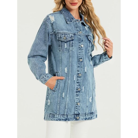 Long Denim Jacket Women Oversized Ripped Casual Fall Streetwear - Picture 5 of 6